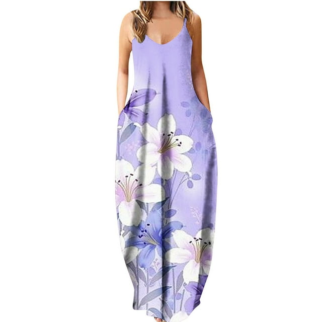 Lenago Robes Maxi Grande Taille pour Femmes 2023 Robes d'Été Imprimées Sans Manches Col Rond Aguichant Robe de Plage Décontractée Fluide en Liquidation