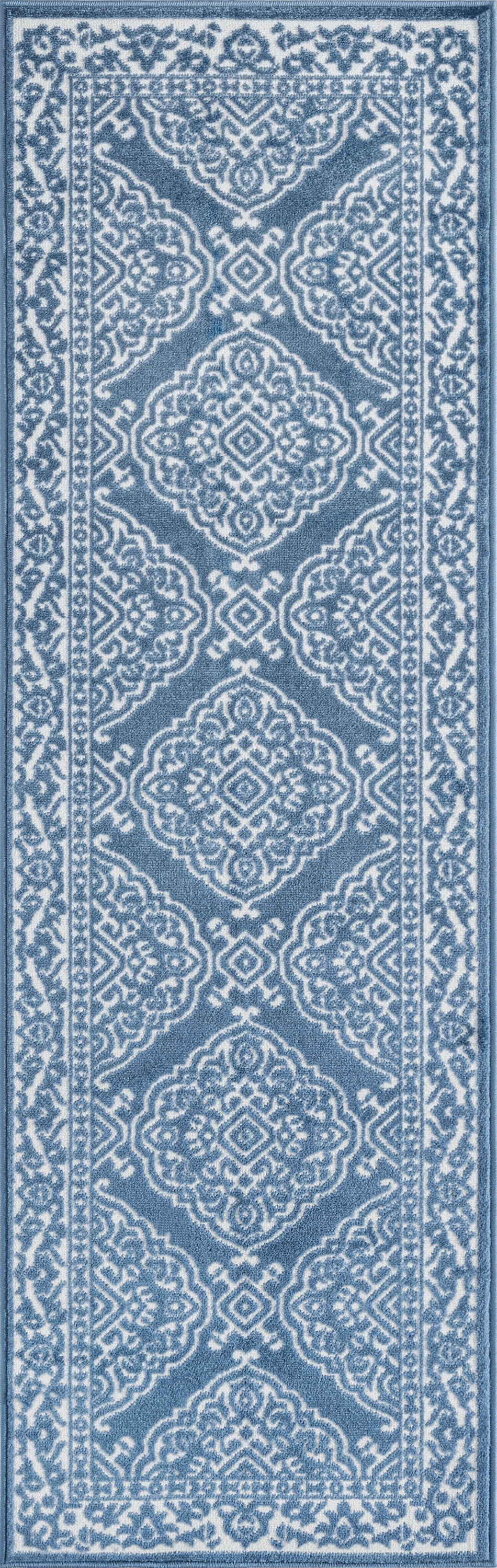 Transitional 2x8 Area Rug (2'3'' x 7'3'') Floral Blue, White Indoor Runner Easy to Clean