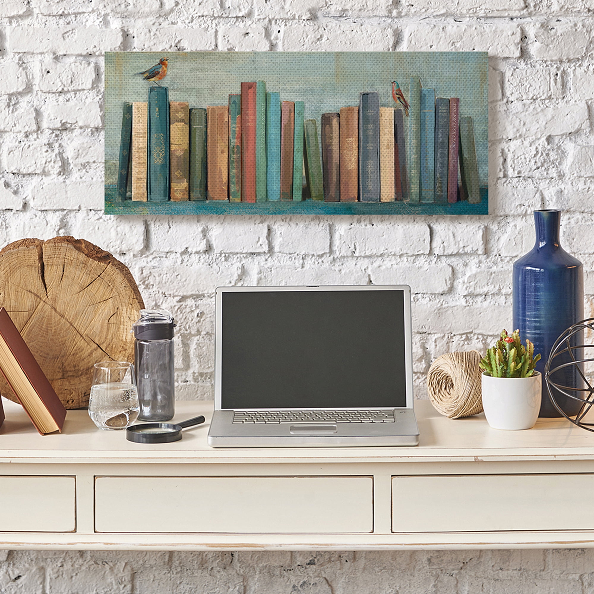 Main Line Studio Books And Birds Green Blue Textured Painting 30 in x 13 in Painting Canvas Art Print, by Stupell Home Décor
