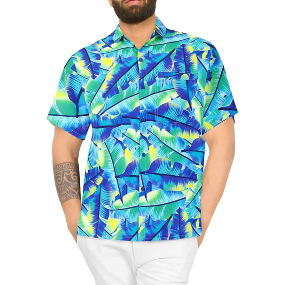 LA LEELA Men's Hawaiian Shirts with Pocket Beach Shirts Casual Short Sleeve Button Down Collared Shirt Men M Botanical Leaf, Blue
