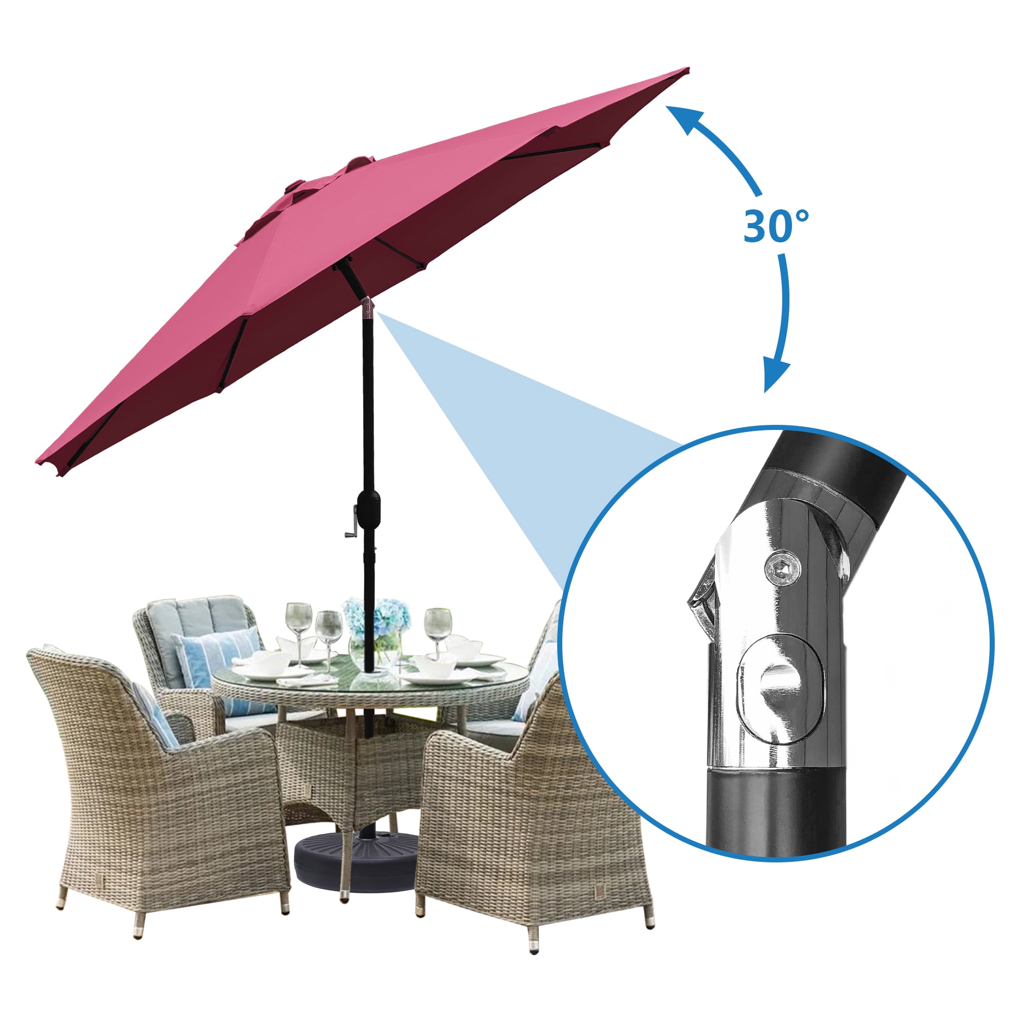 Abble Outdoor 9ft Patio Umbrella with Crank Handle and Push Button Tilt, Outdoor Market Umbrella with 8 Ribs for Garden, Deck, Backyard, Pool, Burgundy