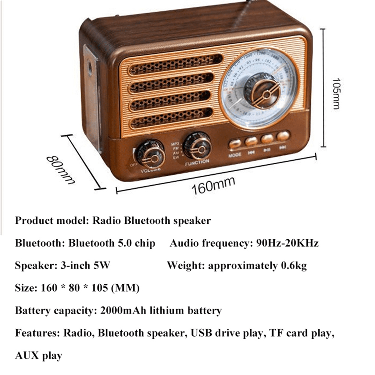 Portable Retro Radio Vintage Bluetooth Speaker FM/AM Radio Receiver with LED Flashlight, Supports TF Card, USB, AUX Play