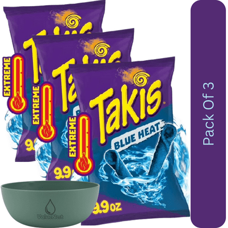 Takis Blue Heat Rolled Tortilla Chips, Fiery Chili Pepper Flavor, 9.9 oz Sharing Size Bag With Olive Green Bowl By ValueNest