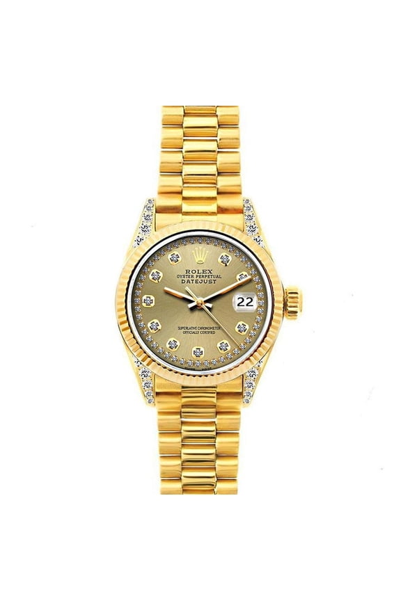 Pre-Owned Rolex Datejust 26MM 69178 Champagne Diamond Dial Fluted Bezel 18K Yellow Gold President Bracelet