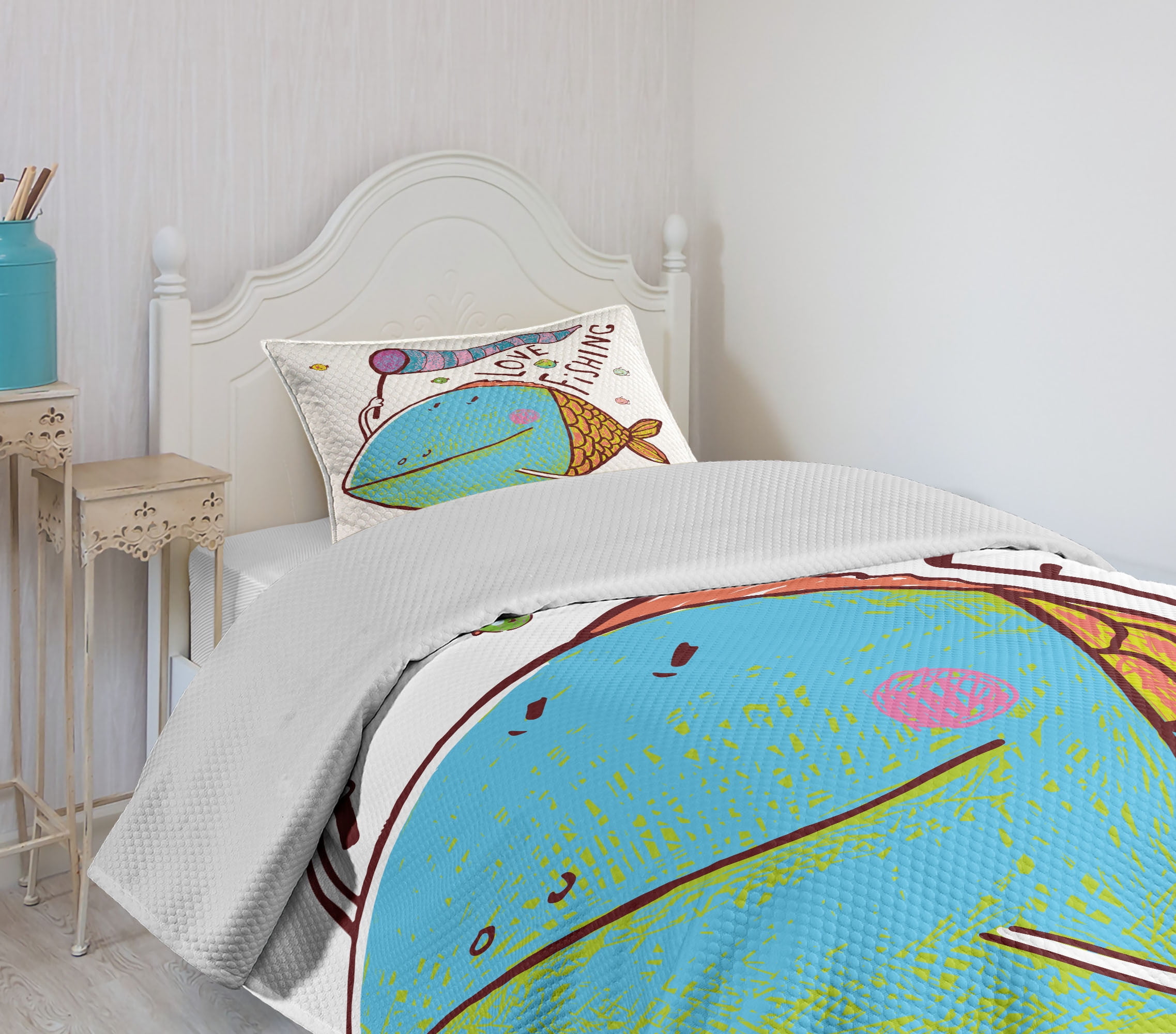 Fishing Bedspread Set Queen Size, Kids Cute Large Fat Fish Holding