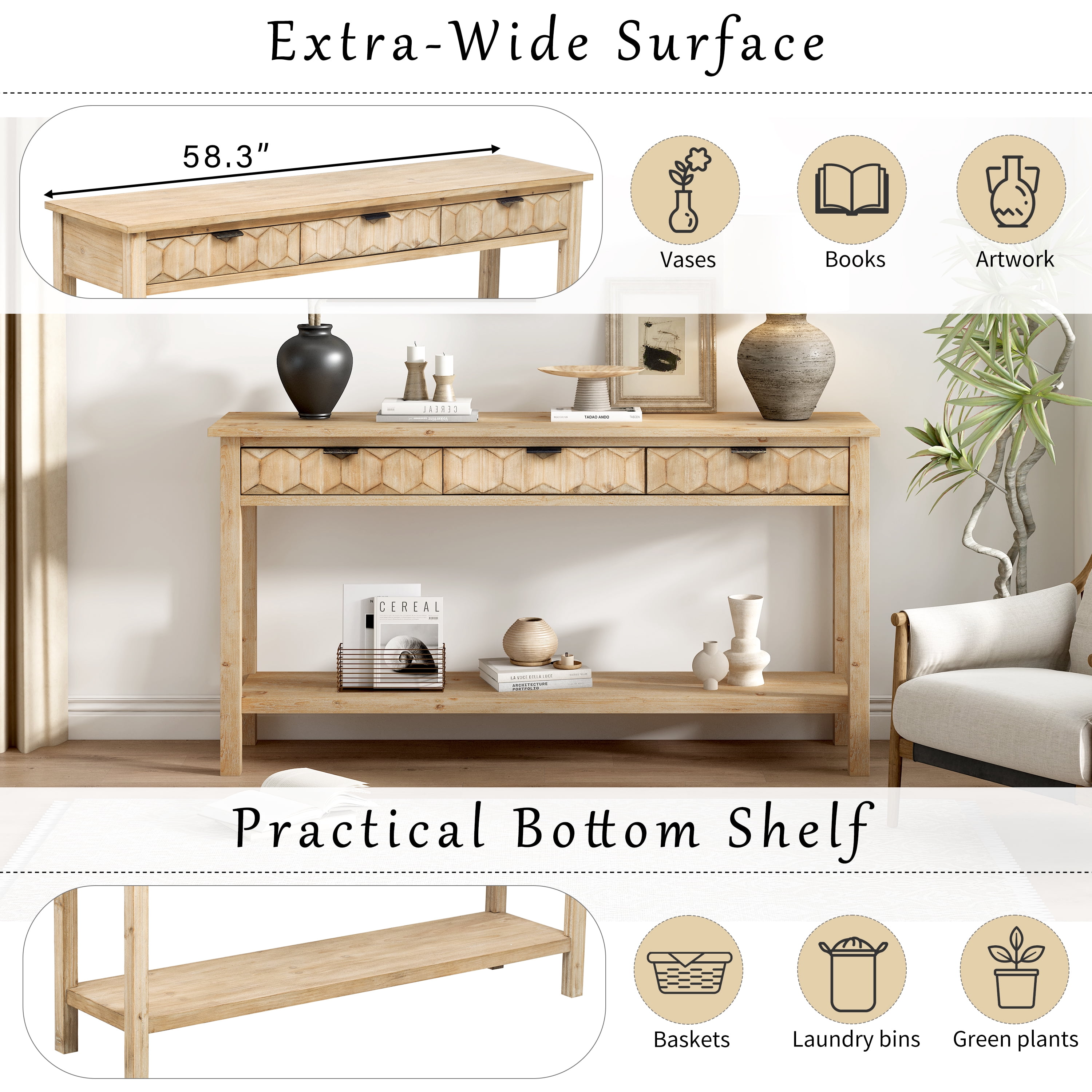 58.3" Fir Veneer Entryway Table with Honeycomb-patterned Fronts,Modern Stylish Console Table with 3 Drawers and Solid Fir legs,Suitable for Living Room,Entryway, Hallway, Study, Foyer