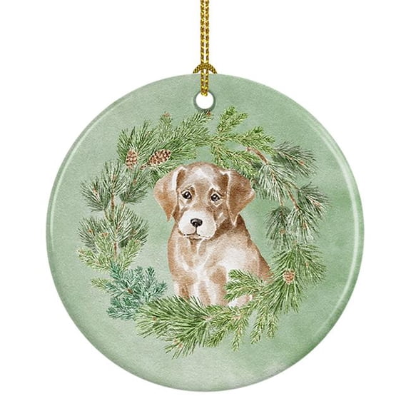 Labrador Retriever Puppy Yellow Christmas Wreath Ceramic Ornament 2.8 in x 2.8 in