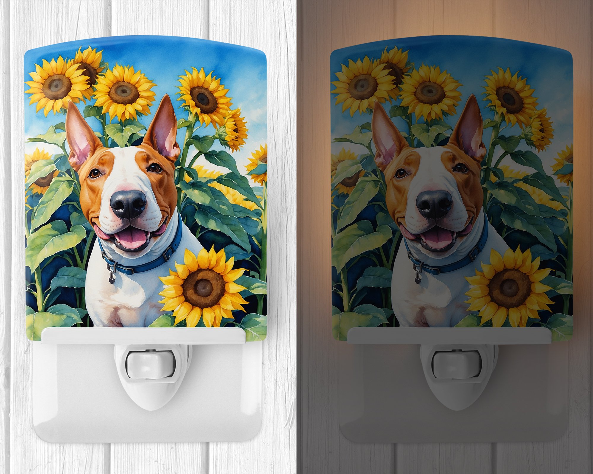 English Bull Terrier in Sunflowers Ceramic Night Light 4 in x 6 in