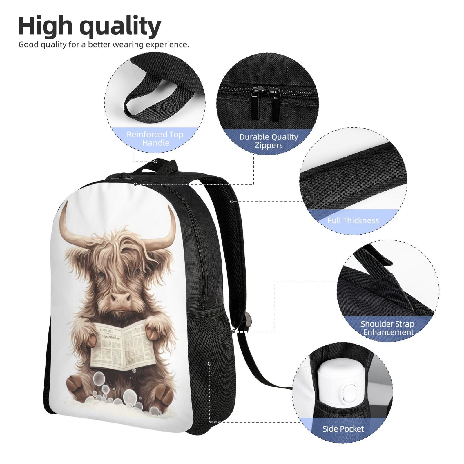 Horeoi Relaxed Cute Cow Reading Print Waterproof 600D Oxford Laptop Backpack for School Travel Work - Lightweight Durable Bag with Adjustable Straps