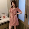thumbnail image 1 of Robe d'Été pour Femmes à Col en V, Manches Courtes, Unie, Froncée, Robes Décontractées pour Dames, Jupe Midi Rose, TG, 1 of 7