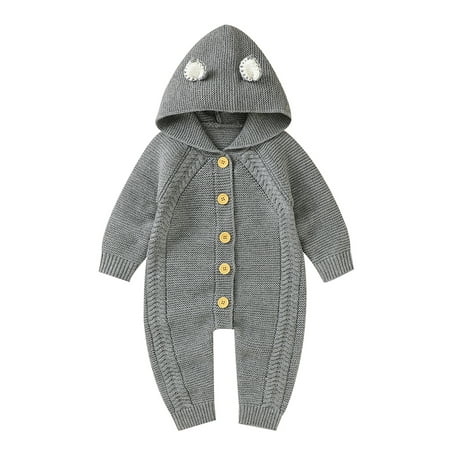 

Frobukio Newborn Baby Girls Boys Hooded Jumpsuit Autumn Warm Clothes Long Sleeve Single Breasted Romper Grey 0-3 Months