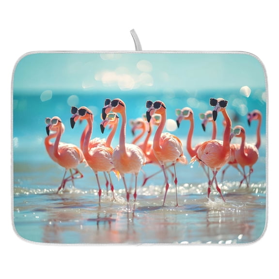 Ryvnso Flamingo on Beach Dish Drying Mat for Kitchen Countertop 16x18 Small Dish Pad Drainer Rack Dish Sink Mats