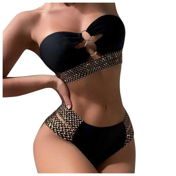 Efsteb Womens High Waisted Bikini Sets Solid Color Strapless Bathing Suit Beach Summer Two Piece Swimsuits High Waist Bikini Swimsuit (Black,L)