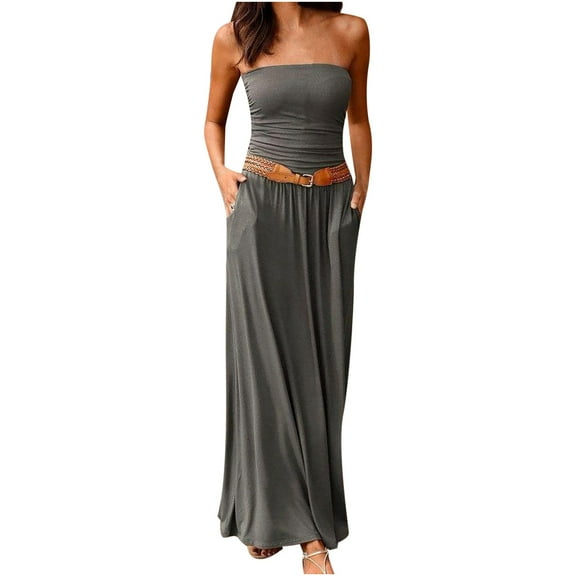 Tube Maxi Dresses for Women Summer Strapless Solid Color Maxi Dress Loose Sleeveless Long Dress with Pockets