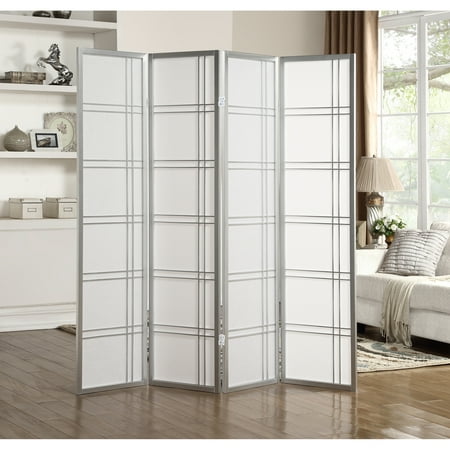 Roundhill Furniture Seto Rice Paper and Wood 4-Panel Room Divider Screen Silver