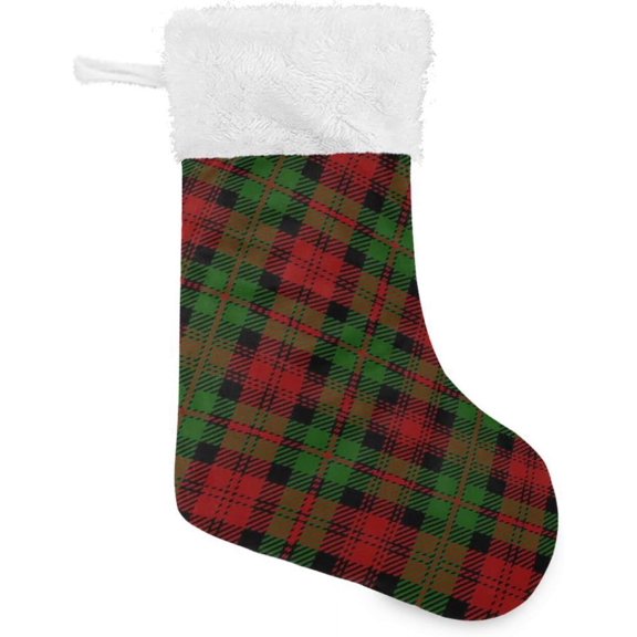 Red Green Plaid Tartan Christmas Stockings Christmas Presonalized Large Stocking Sock, Set of 1 Xmas Party Winter Decor Candy Bag Family Holiday Gift, 17.7 Inch