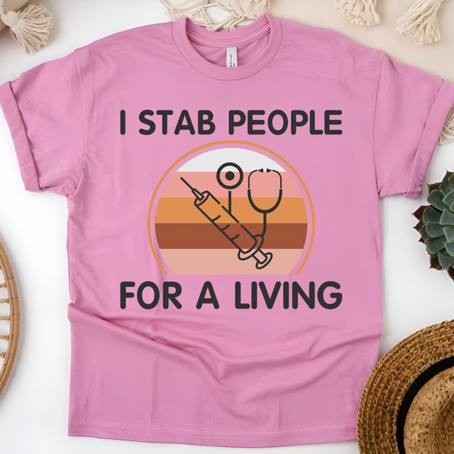 Funny Nurse Graphic T-Shirt with Syringe and Stethoscope Design, Azalea, Size L