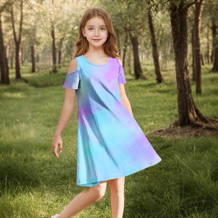 Ugoldhm Kids Summer Sundress with Tie Dye Print Cold Shoulder Fit & Flare  Dress for Girls 3-14 Years Casual Party Wear - Walmart.com