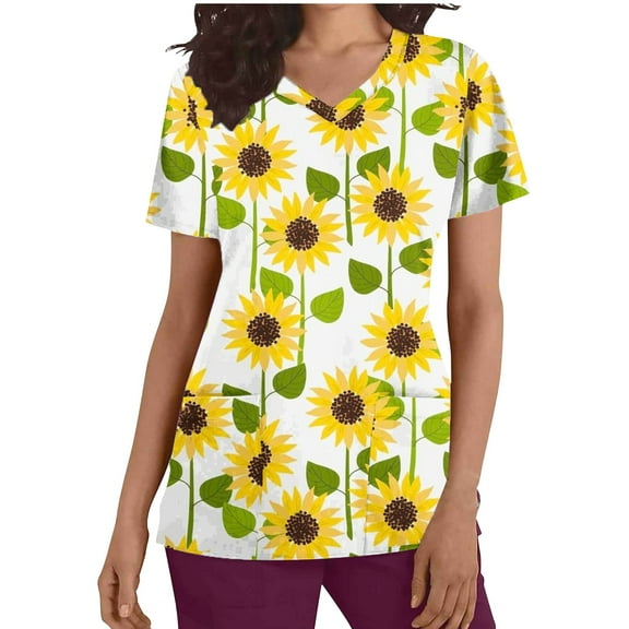 Xfvqtps Scrub Tops for Women Sunflower Printed Soft V-Neck Scrubs Comfortable Lightweight Nursing Uniforms Casual Printed Short Sleeve Nurse Top Working Uniforms with Pockets Yellow
