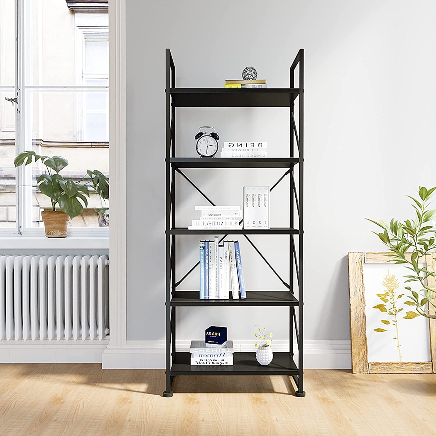 Dextrus 5-Tier Ladder Bookshelf, 65" Industrial Bookcase with Storage Shelves for Bedroom, Living Room, Office – Black