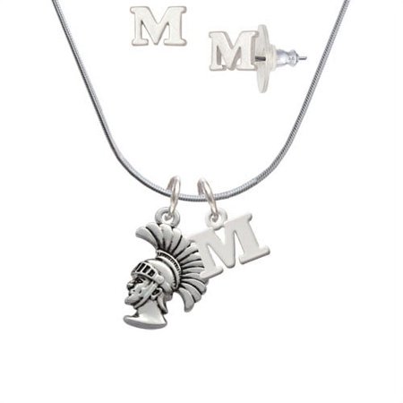 Large Trojan – Mascot – M Initial Charm Necklace and Stud Earrings Jewelry Set