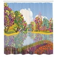 thumbnail image 3 of Garden Mist Shower Curtain, Dreamy Abstract Spring Bloom with Calm River Vibrant Colorful Trees and Grass, Fabric Bathroom Set with Hooks, 69"W X 75"L Long, Multicolor, by Ambesonne, 3 of 3