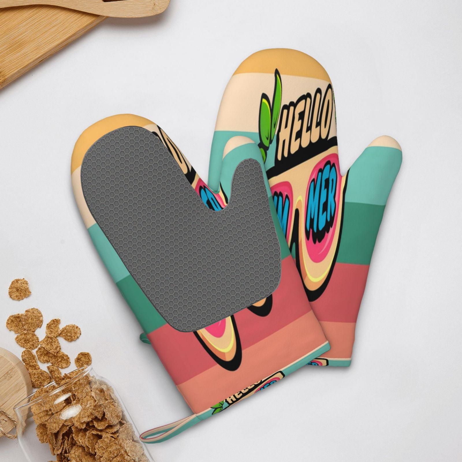 Hirioo Hello Summer for Silicone Oven Mitts for BBQ, Baking, Cooking, Set of 2, Heat Resistant 260℃, Non-Slip Kitchen Essentials
