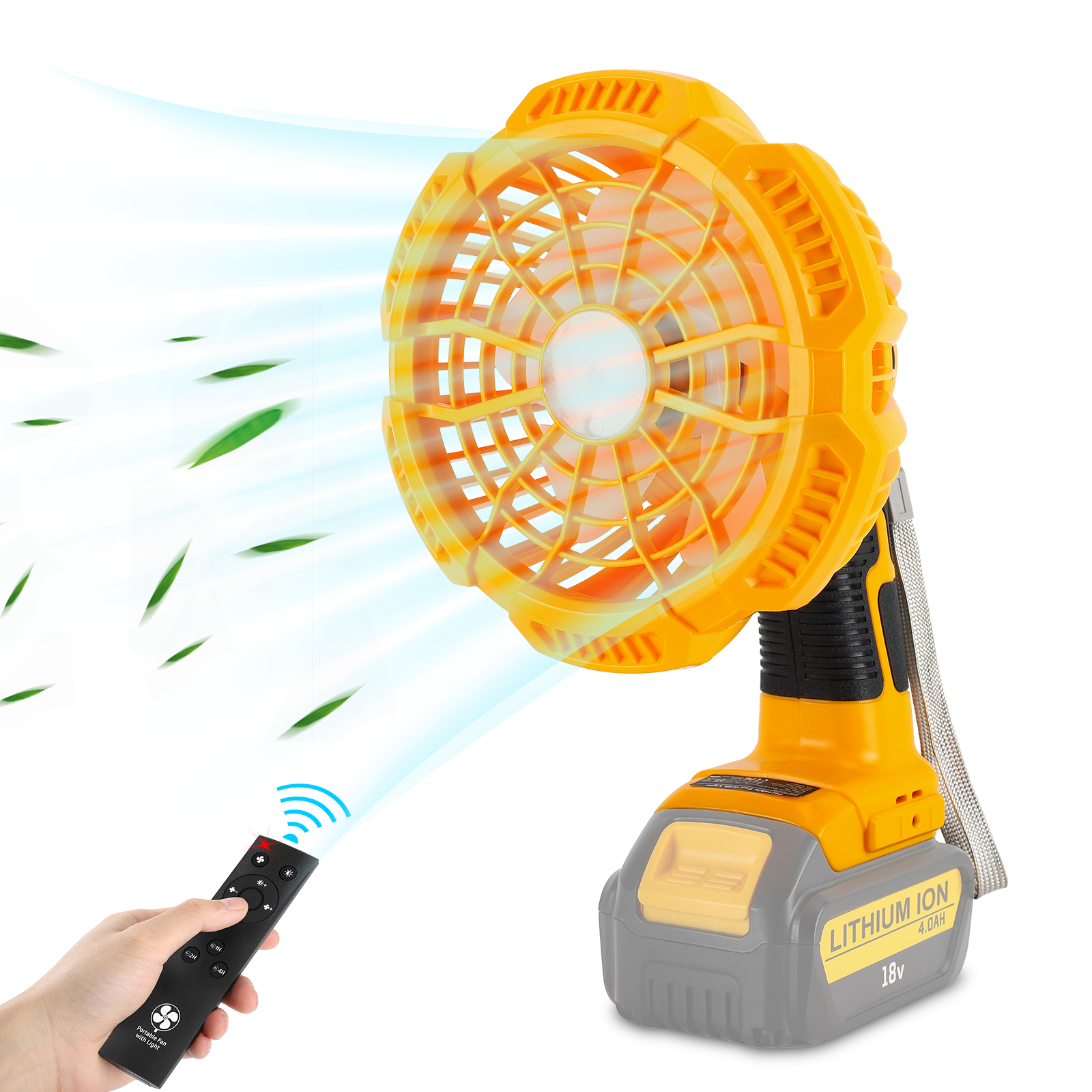 Outdoor Portable Camping Fan with Light,for Tent Hiking Fishing Travel, 3 Modes Brightness and Wind Speed, Powered by Dewalt 18V/20V Li-ion Battery BCD606 DCB205 DCB609 DCB204etc.