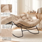 Dovov Oversized Papasan Rocking Chair, Indoor Outdoor Rocking Chair Patio Egg Chair with Cushion, Heavy Duty Steel Papasan Rocker Lounge Chair for Porch Balcony Nursery Living Room, Beige