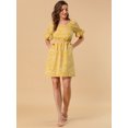 thumbnail image 3 of Vestido Floral Por Encima De La Rodilla Con Cintura Elástica Y Cuello Cuadrado Con Mangas Abullonadas Para Mujer Amarillo XS, 3 of 6