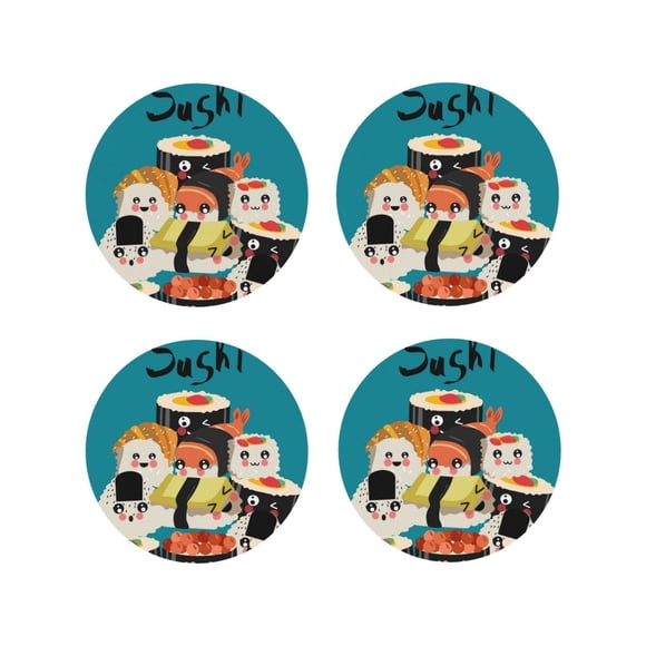 Vsdgher I Love Sushi Print Leather Coasters for Drinks, Durable Drink Coasters 4 Set for Tabletop Protection, Luxurious Home Décor and Housewarming Gift-Round Shape