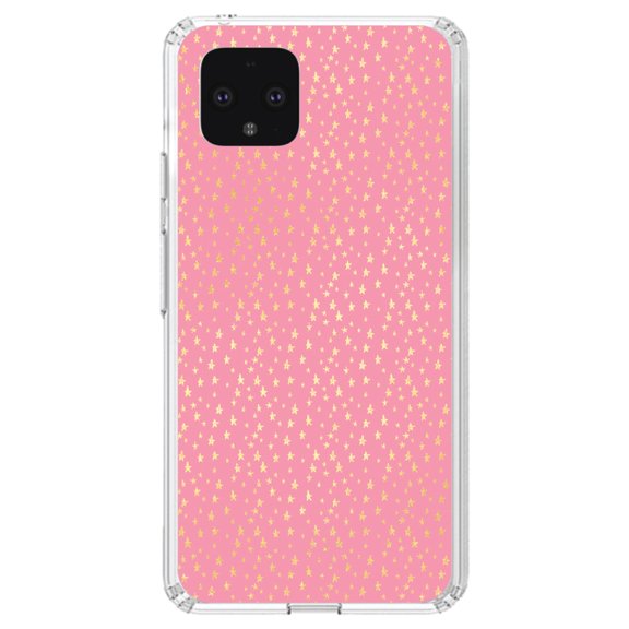 DistinctInk Clear Shockproof Hybrid Case for Google Pixel 4 (5.7" Screen) - TPU Bumper, Acrylic Back, Tempered Glass Screen Protector - Pink & Gold Star Pattern