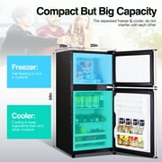 GGTB 3.0 Cu.ft Retro Double Door Mini Fridge with Freezer, Compact Small Refrigerator with Reversible Doors for Dorm Apartment Bedroom Office, Silver