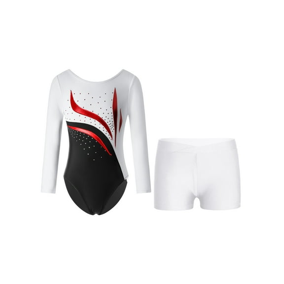 YEAHDOR Kids Girls Gymnastics Workout Outfit Long Sleeve Shiny Rhinestones Leotard with Boy-cut Shorts Dance Suit White 14