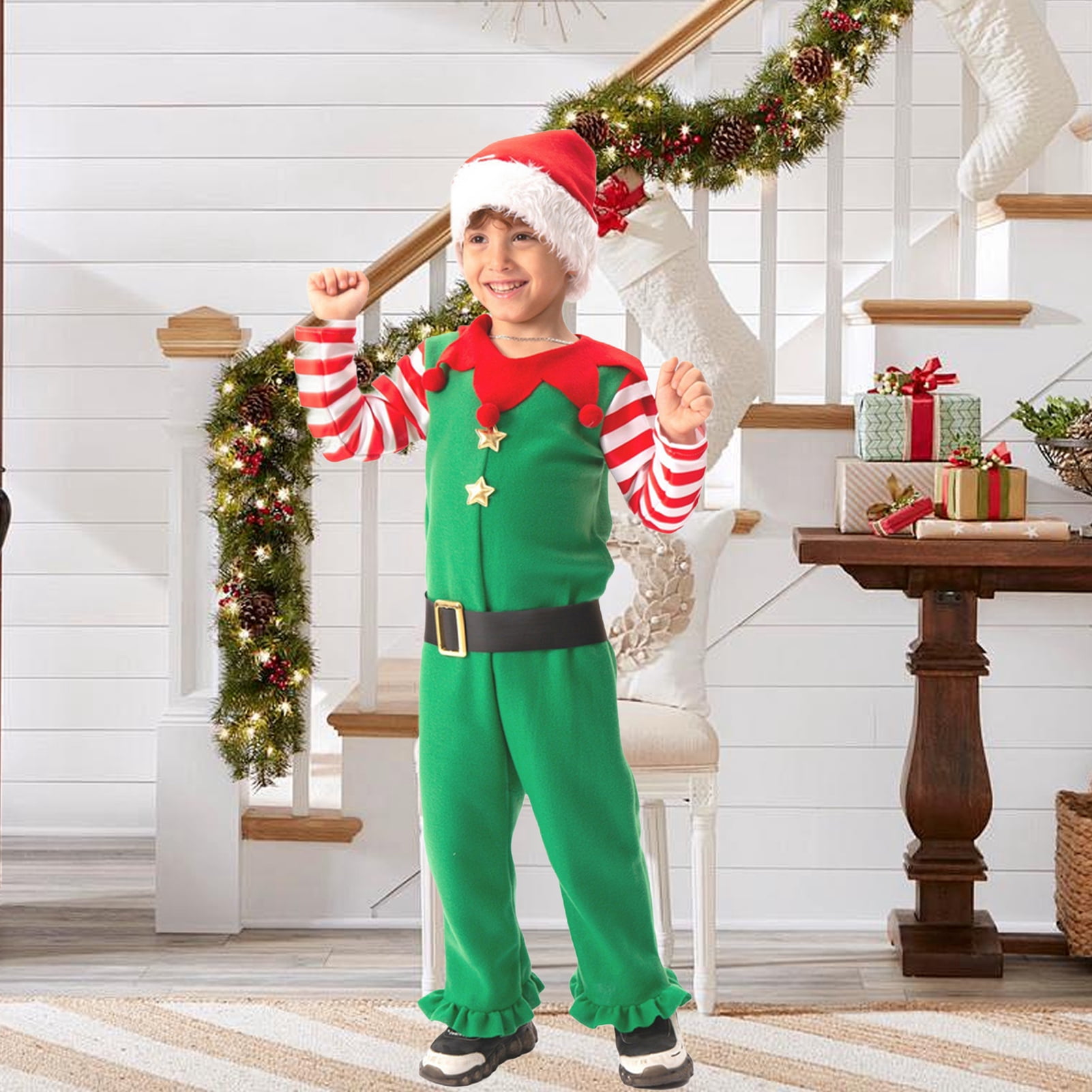 Farfi Christmas Onesie Costume for Kids Gingerbread Man/Santa/Green Elf Cosplay Outfit Unisex Plush Bodysuit for Halloween Christmas Carnival Festival(Green, L)