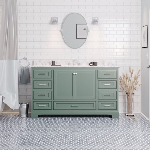Harper 60" Single Bathroom Vanity with Sage Green Cabinet and Carrara Marble Top