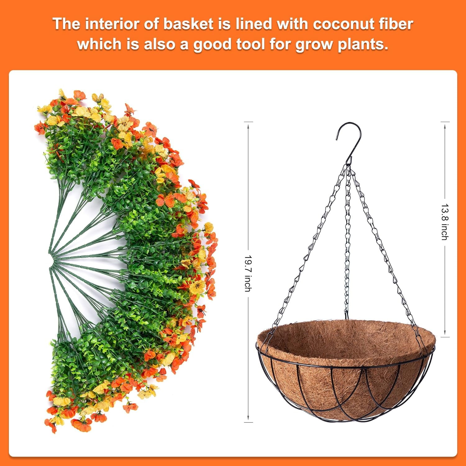 Artificial Flowers in Basket,Artificial Hanging Baskets with Flowers for Outdoors Indoors Courtyard Decor,Coconut Lining Basket for Patio Garden Porch Deck Decoration