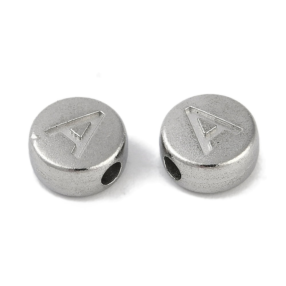 Anti-304 Stainless Steel Beads Flat Round with Letter Stainless Steel color Letter A 7x3.8mm Hole: 1.8mm