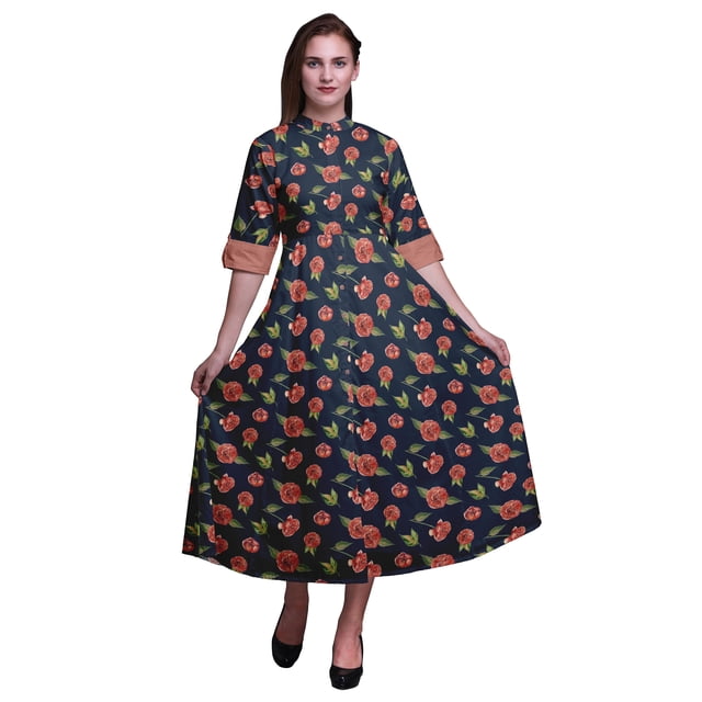 Bimba Floral Ladies Button Down Print Dress A-Line Cocktail Party Shirt Dress-XX-Large