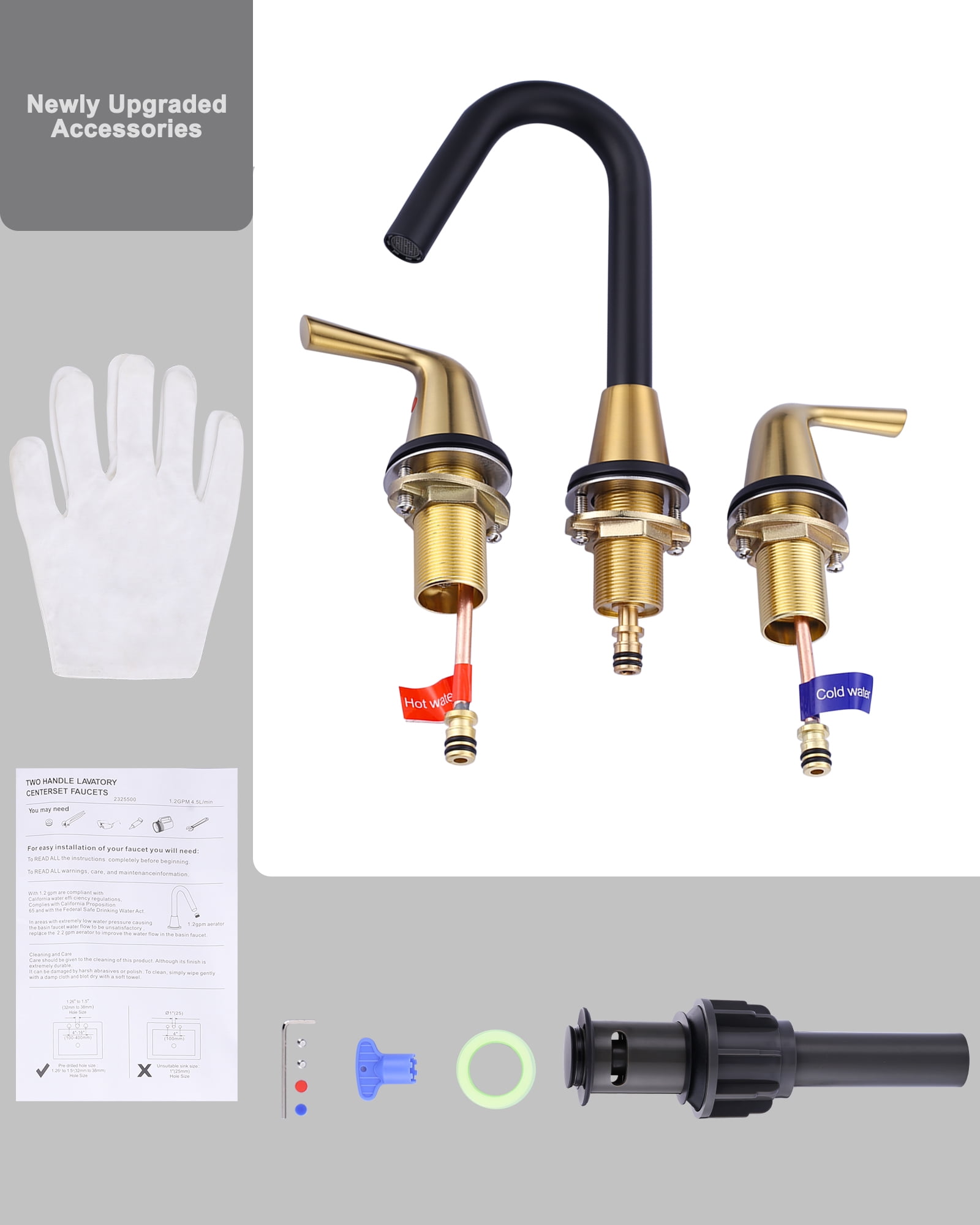 WOWOW Widespread Bathroom Faucets for Sink 3 Hole Black & Gold, 8 inch Bathroom Faucet with Pop Up Drain Assembly and Water Supply Lines 2 Handle 360° Swivel Spout Basin Faucets for Vanity Lavatory