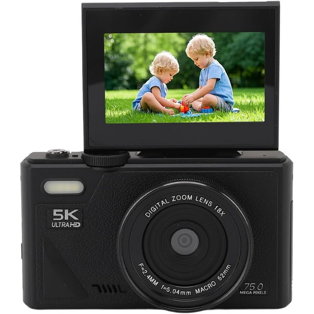 Cámara Digital 5K con Óptico 18X, Cámara Digital Vintage 75 con Enfoque Automático, Cámara 5k con Pantalla abatible, Vídeo 5K y Detección de Sonrisa (Black)