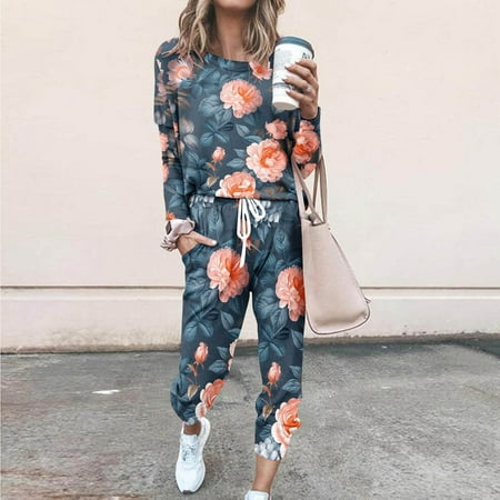 Somuwie Clearance Women s Fashionable Loose Printed Long Sleeved Round Neck Drawstring Casual Set