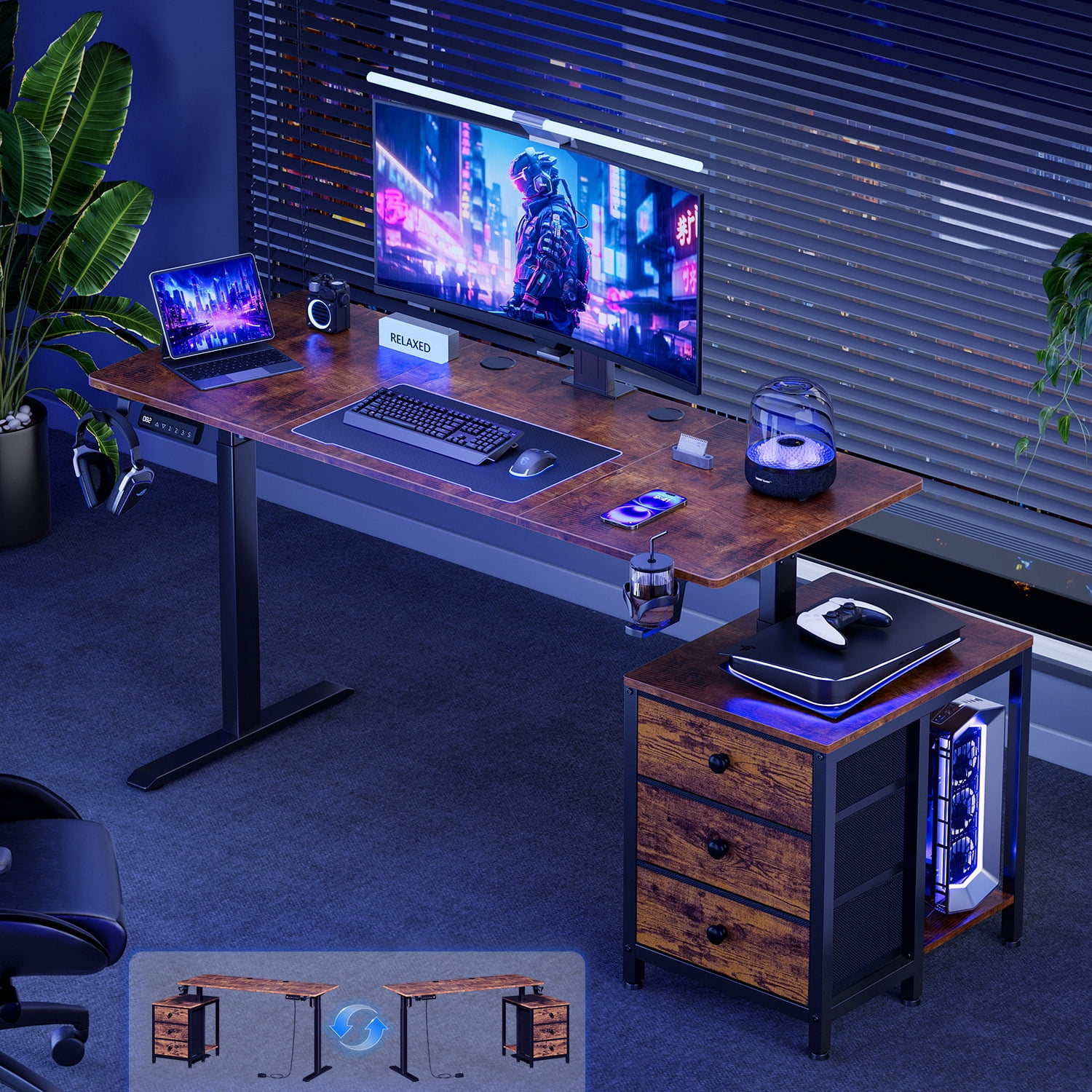 GUNAITO 55.1" Electric Standing Desk with 3-Drawer Cabinet, Adjustable Height Desk with Memory Panel, Office & Gaming Desk，Rustic Brown
