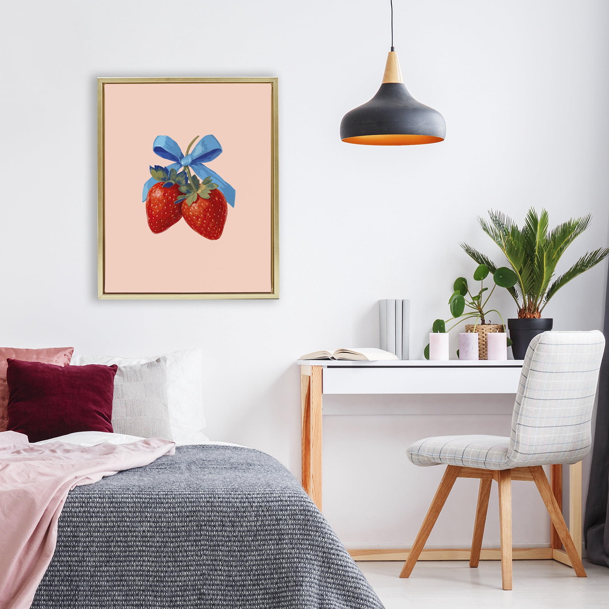 Stupell Industries Strawberry Pair with Blue Bow Gold Framed Floater Canvas Wall Art, design by Imagine It Images