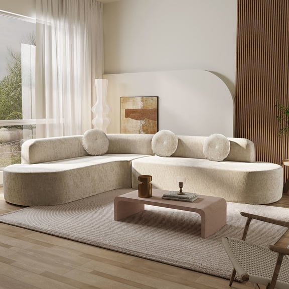 Christopher Knight Home 122" Curved Sectional Sofa, 4 Seater L-Shaped with Round Cushions, Sand
