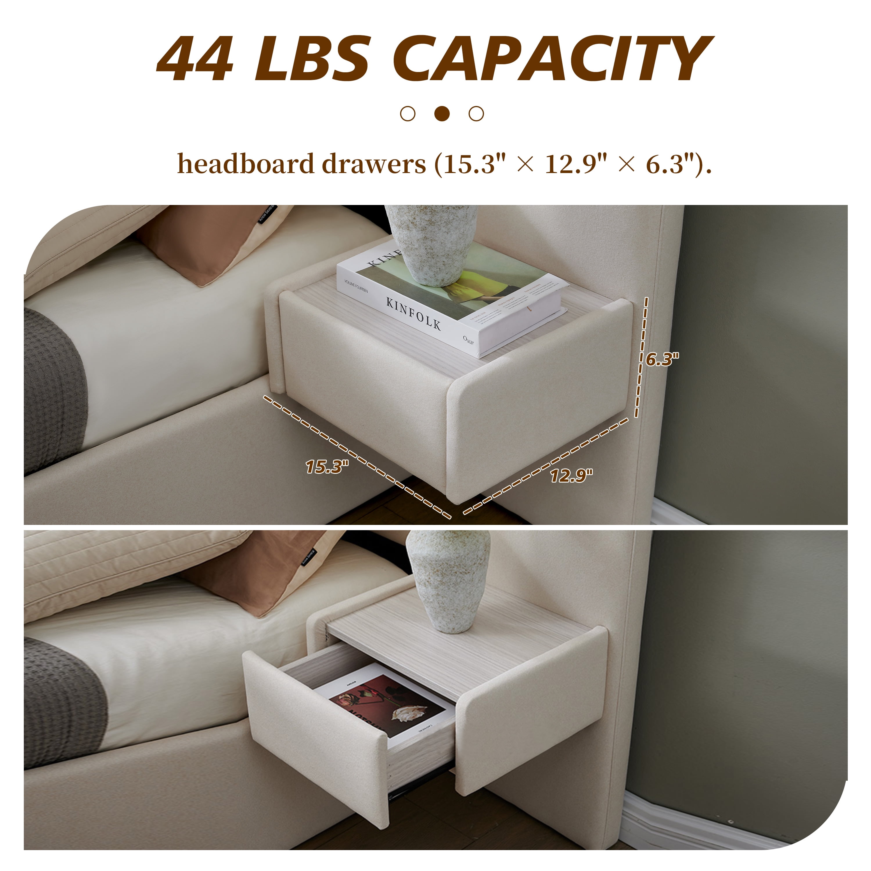 Upholstered Lift Storage Bed Frame with Velvet Headboard, 2 Drawers & 9.6" Under-Bed Storage, King Sizes in Beige, No Box Spring Needed, Ergonomic Design for Ultimate Comfort