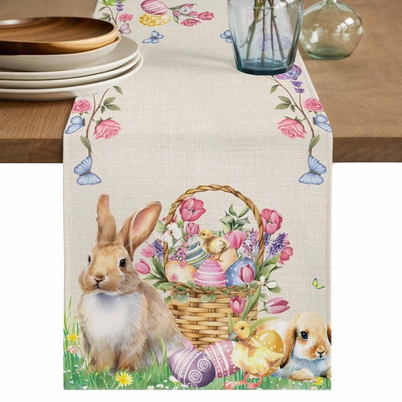 Table Runner 48 Inches Long for Kitchen Dining, Easter Bunny Dresser Scarf Farmhouse, Dining Table Decorations for Wedding/Parties, Spring Easter Eggs Floral Burlap Rustic 13 x 48 In