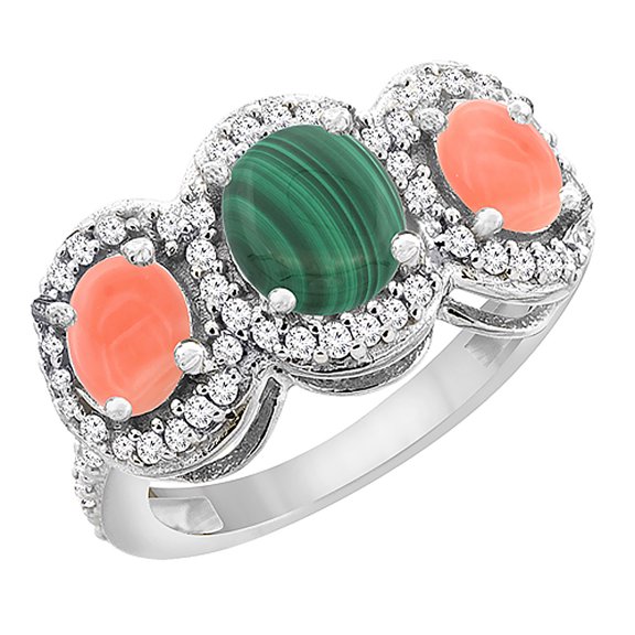 10K White Gold Natural Malachite & Coral 3-Stone Ring Oval Diamond Accent, size 5.5