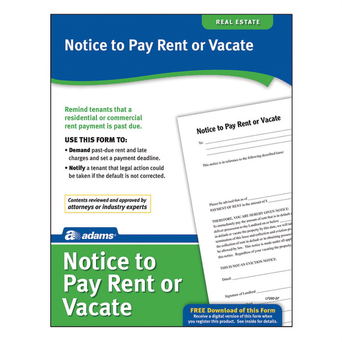Adams Notice to Pay Rent or Vacate Easy-to-Use Legal Forms with Instructions, 11"x 8.5", White