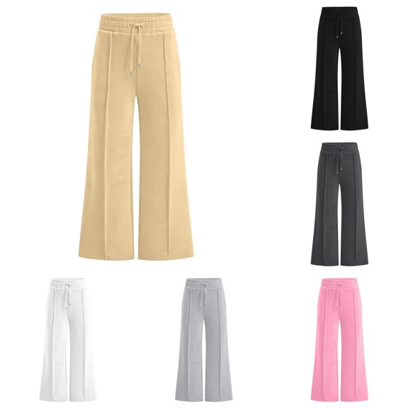 GobdXE Girls High Waist Drawstring Vertical Seam Wide Leg Sweatpants Solid Casual Back to School Daily Trousers Khaki,9-10 Years